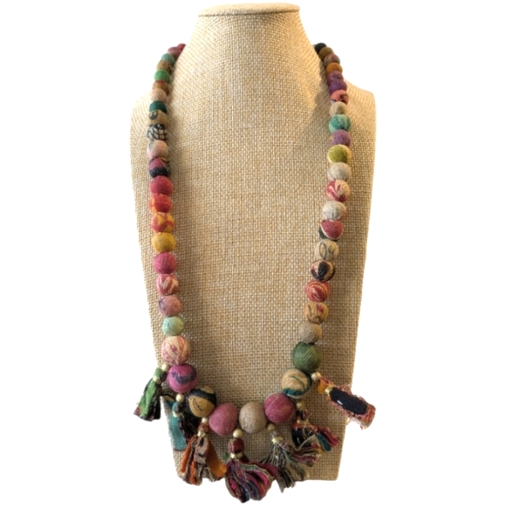 Boho Necklace With Fabric-Covered Beads & Tassels